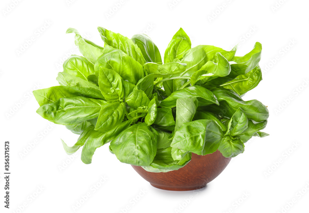 Fresh green basil in bowl isolated on white Fresh green basil in bowl isolated on white