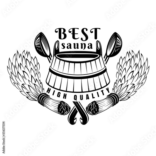Label for sauna, banya or bathhouse. Wooden tub between two sauna broom with crossed ladles