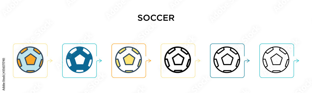 Soccer vector icon in 6 different modern styles. Black, two colored soccer icons designed in filled, outline, line and stroke style. Vector illustration can be used for web, mobile, ui Soccer vector icon in 6 different modern styles. Black, two colored soccer icons designed in filled, outline, line and stroke style. Vector illustration can be used for web, mobile, ui