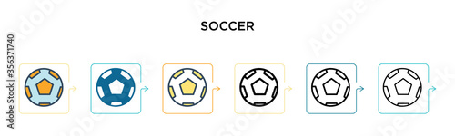 Soccer vector icon in 6 different modern styles. Black, two colored soccer icons designed in filled, outline, line and stroke style. Vector illustration can be used for web, mobile, ui