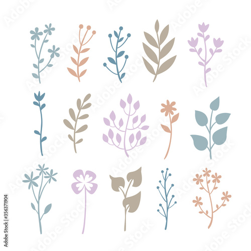Cute pastel vector set of plant silhouettes, delicate flowers and plants for decoration.