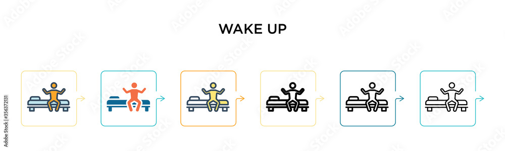 Wake up vector icon in 6 different modern styles. Black, two colored wake up icons designed in filled, outline, line and stroke style. Vector illustration can be used for web, mobile, ui Wake up vector icon in 6 different modern styles. Black, two colored wake up icons designed in filled, outline, line and stroke style. Vector illustration can be used for web, mobile, ui
