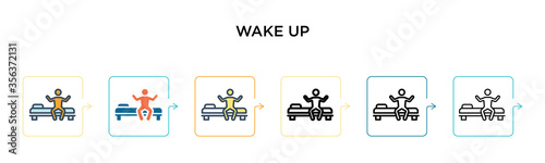 Wake up vector icon in 6 different modern styles. Black, two colored wake up icons designed in filled, outline, line and stroke style. Vector illustration can be used for web, mobile, ui