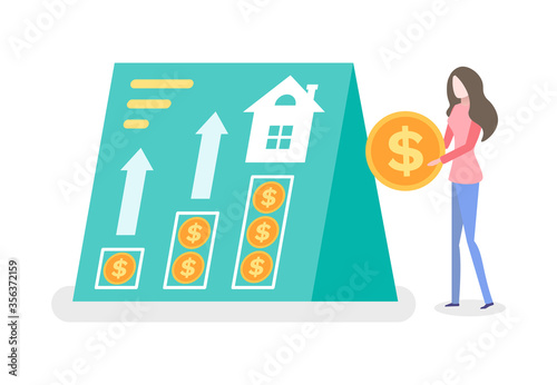Woman holding coin, portrait view of worker standing near poster with money, rising arrows and house, female and currency, finance symbol, dollar vector