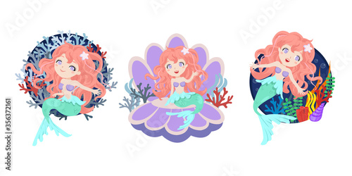 Beautiful mermaid sitting on sea shell and coral decoration vector
