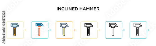 Inclined hammer vector icon in 6 different modern styles. Black, two colored inclined hammer icons designed in filled, outline, line and stroke style. Vector illustration can be used for web, mobile,