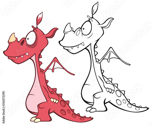 Vector Illustration of a Cute Cartoon Character Dragon for you Design and Computer Game. Coloring Book Outline Set 