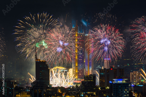 Firework display in the middle of Bangkok for New Year celebrations. 