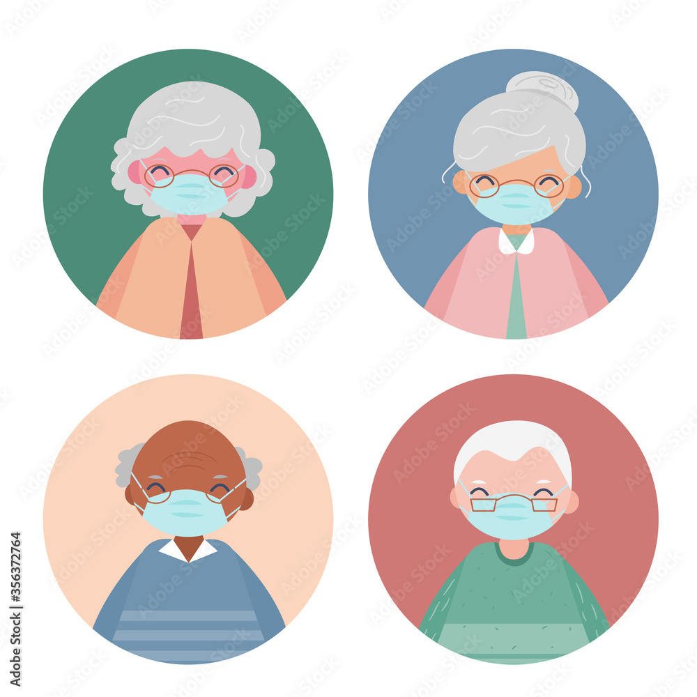 Cute male and female elderly wearing face mask avatar. Flat cartoon character vector illustration Cute male and female elderly wearing face mask avatar. Flat cartoon character vector illustration