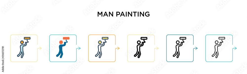 Man painting vector icon in 6 different modern styles. Black, two colored man painting icons designed in filled, outline, line and stroke style. Vector illustration can be used for web, mobile, ui Man painting vector icon in 6 different modern styles. Black, two colored man painting icons designed in filled, outline, line and stroke style. Vector illustration can be used for web, mobile, ui