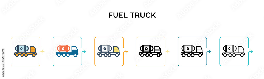 Fuel truck vector icon in 6 different modern styles. Black, two colored fuel truck icons designed in filled, outline, line and stroke style. Vector illustration can be used for web, mobile, ui Fuel truck vector icon in 6 different modern styles. Black, two colored fuel truck icons designed in filled, outline, line and stroke style. Vector illustration can be used for web, mobile, ui