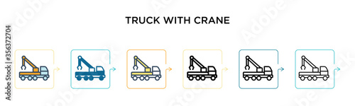 Truck with crane vector icon in 6 different modern styles. Black, two colored truck with crane icons designed in filled, outline, line and stroke style. Vector illustration can be used for web,
