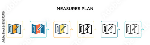 Measures plan vector icon in 6 different modern styles. Black, two colored measures plan icons designed in filled, outline, line and stroke style. Vector illustration can be used for web, mobile, ui