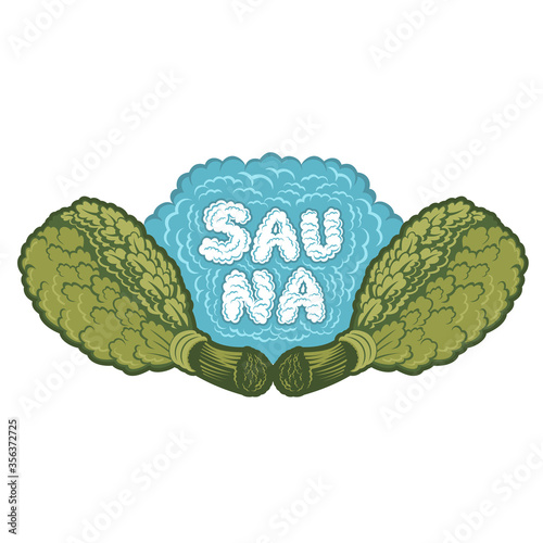 Label for sauna, banya or bathhouse. Word sauna inside steam between two oak besoms. Color vector illustration