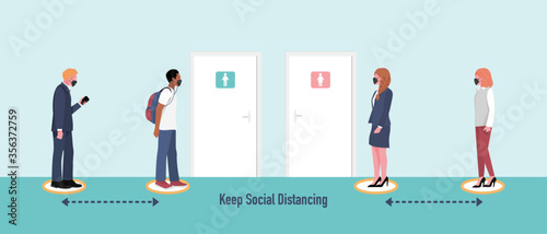 People wearing face mask and queueing to use public toilet, new normal and social distancing concept. Flat vector illustration.