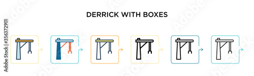 Derrick with boxes vector icon in 6 different modern styles. Black, two colored derrick with boxes icons designed in filled, outline, line and stroke style. Vector illustration can be used for web,