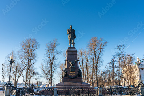 Statue of Cossack pioneer Yakov Pokhabov, the founder of Irkutsk located in front of Epiphany Cathedral an iconic landmark of this city.
