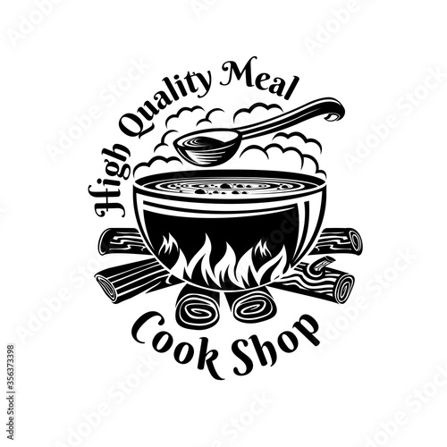 Logo for bar, cook shop or tavern. Cauldron on fire with spoon on top and meal inside.