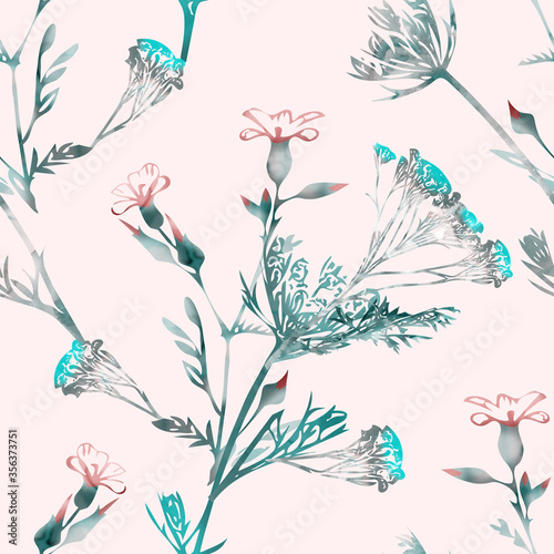 Field flowers with curry plant, seamless pattern.