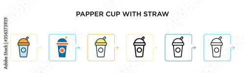 Papper cup with straw vector icon in 6 different modern styles. Black, two colored papper cup with straw icons designed in filled, outline, line and stroke style. Vector illustration can be used for