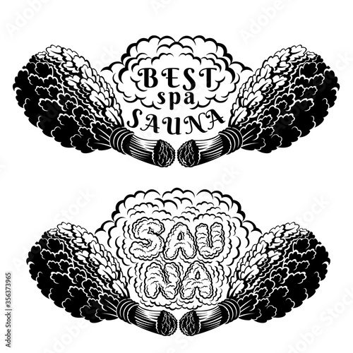 Two labels for sauna, banya or bathhouse. Word sauna inside steam between two oak besoms