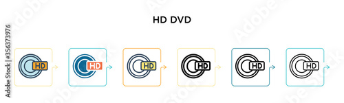 Hd dvd vector icon in 6 different modern styles. Black, two colored hd dvd icons designed in filled, outline, line and stroke style. Vector illustration can be used for web, mobile, ui