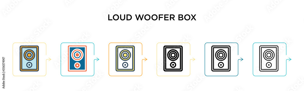 Loud woofer box vector icon in 6 different modern styles. Black, two colored loud woofer box icons designed in filled, outline, line and stroke style. Vector illustration can be used for web, mobile, Loud woofer box vector icon in 6 different modern styles. Black, two colored loud woofer box icons designed in filled, outline, line and stroke style. Vector illustration can be used for web, mobile,