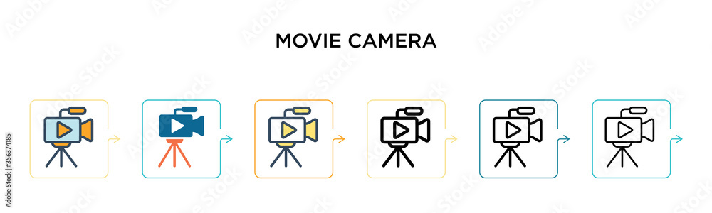 Movie camera vector icon in 6 different modern styles. Black, two colored movie camera icons designed in filled, outline, line and stroke style. Vector illustration can be used for web, mobile, ui Movie camera vector icon in 6 different modern styles. Black, two colored movie camera icons designed in filled, outline, line and stroke style. Vector illustration can be used for web, mobile, ui