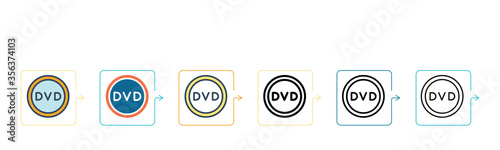 Dvd logo vector icon in 6 different modern styles. Black, two colored dvd logo icons designed in filled, outline, line and stroke style. Vector illustration can be used for web, mobile, ui