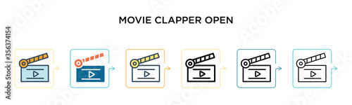 Movie clapper open vector icon in 6 different modern styles. Black, two colored movie clapper open icons designed in filled, outline, line and stroke style. Vector illustration can be used for web,