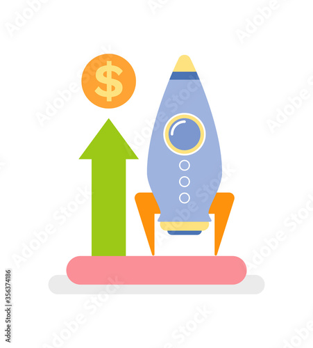 Rocket launching vector, business concept startup of new project flat style. Aerospace investigation and financial income, investment and profit growth