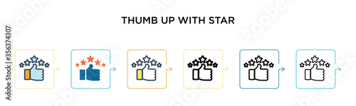 Thumb up with star vector icon in 6 different modern styles. Black, two colored thumb up with star icons designed in filled, outline, line and stroke style. Vector illustration can be used for web,