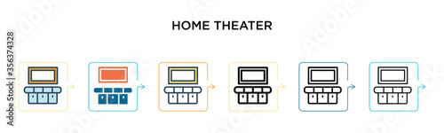 Home theater vector icon in 6 different modern styles. Black, two colored home theater icons designed in filled, outline, line and stroke style. Vector illustration can be used for web, mobile, ui