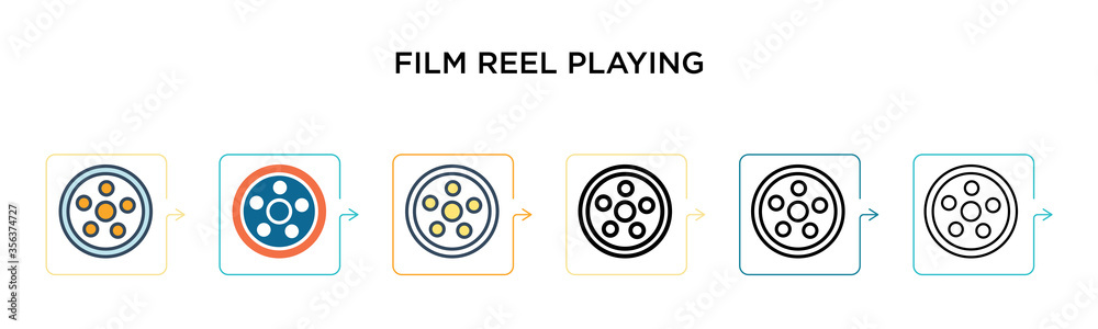 Film reel playing vector icon in 6 different modern styles. Black, two colored film reel playing icons designed in filled, outline, line and stroke style. Vector illustration can be used for web, Film reel playing vector icon in 6 different modern styles. Black, two colored film reel playing icons designed in filled, outline, line and stroke style. Vector illustration can be used for web,