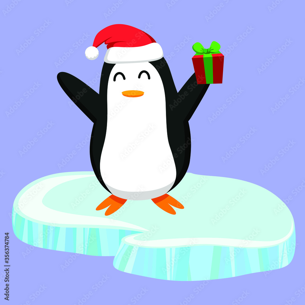 Flat style illustration. Penguin staying on ice and holding a christmas present. Xmas santa claus hat. Isolated on blue background. Holiday symbol and mascot of happy new year. Cute cartoon bird.