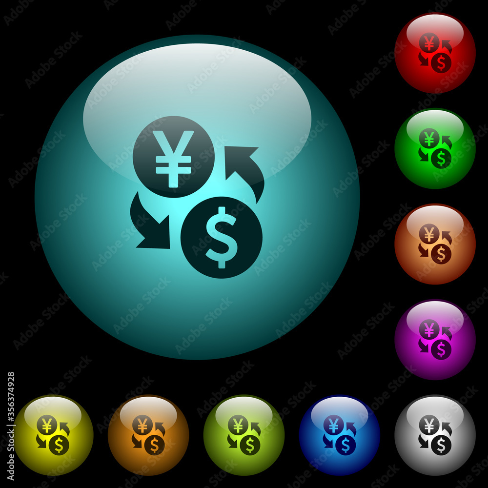 Yen Dollar money exchange icons in color illuminated glass buttons Yen Dollar money exchange icons in color illuminated glass buttons