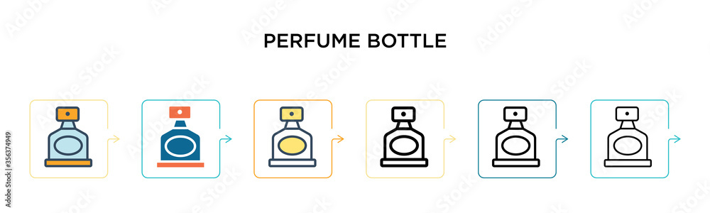 Perfume bottle vector icon in 6 different modern styles. Black, two colored perfume bottle icons designed in filled, outline, line and stroke style. Vector illustration can be used for web, mobile, ui Perfume bottle vector icon in 6 different modern styles. Black, two colored perfume bottle icons designed in filled, outline, line and stroke style. Vector illustration can be used for web, mobile, ui
