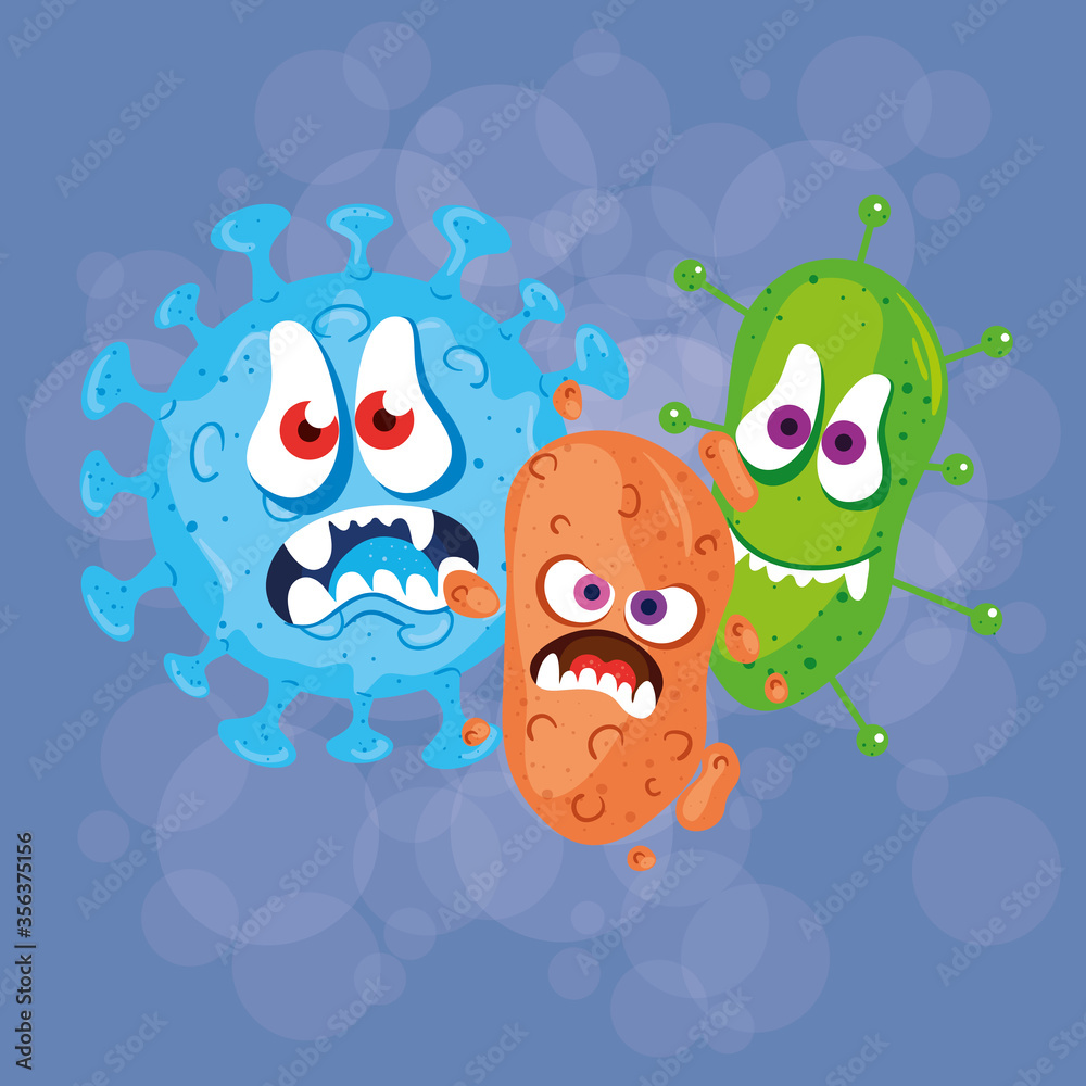 Obraz premium set cartoon covid 19 emoji, coronavirus emoticon with facial expression vector illustration design