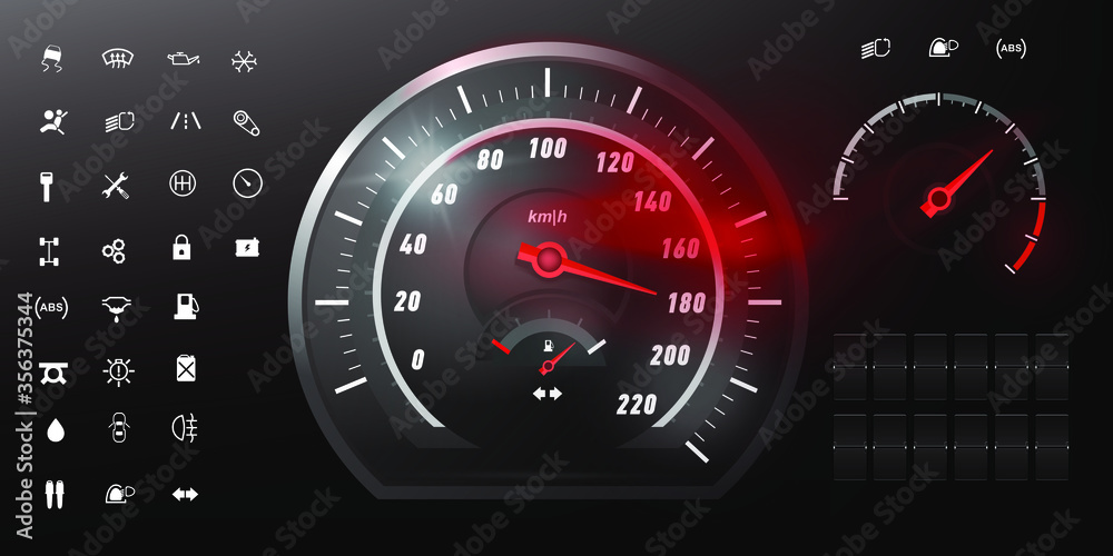 Realistic car speedometer. Dashboard with sensors. Fuel consumption  indicator, speed scale. Set icons on dashboard. Speed meter. Realistic  vector illustration Stock Vector | Adobe Stock