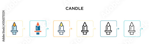 Candle vector icon in 6 different modern styles. Black, two colored candle icons designed in filled, outline, line and stroke style. Vector illustration can be used for web, mobile, ui