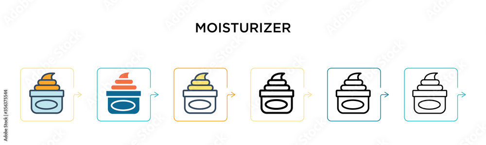 Moisturizer vector icon in 6 different modern styles. Black, two colored moisturizer icons designed in filled, outline, line and stroke style. Vector illustration can be used for web, mobile, ui