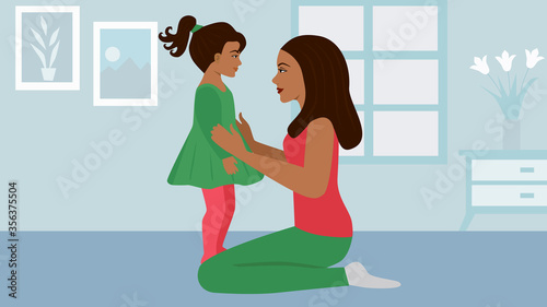 African american mother caressing her daughter at home in living room, woman and her cute child feeling happy and carefree together. Copy space
