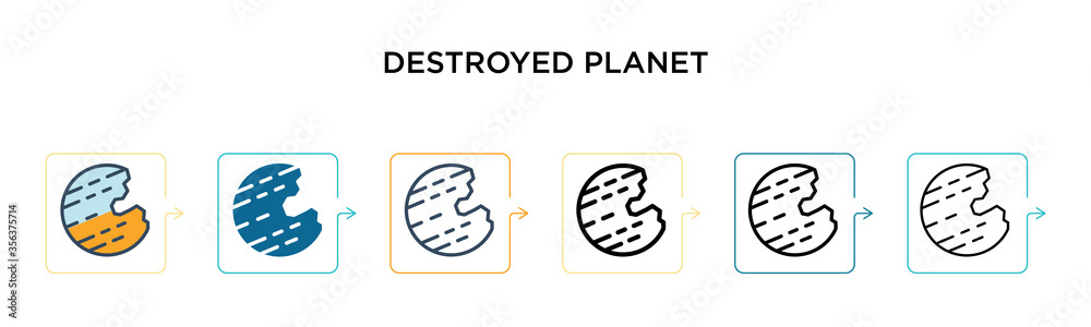 Destroyed planet vector icon in 6 different modern styles. Black, two colored destroyed planet icons designed in filled, outline, line and stroke style. Vector illustration can be used for web, Destroyed planet vector icon in 6 different modern styles. Black, two colored destroyed planet icons designed in filled, outline, line and stroke style. Vector illustration can be used for web,