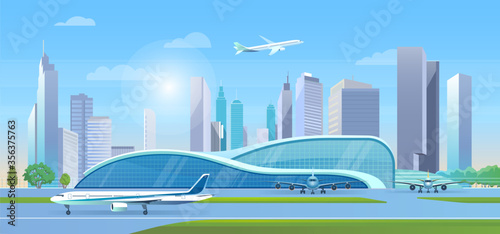City airport vector illustration. Cartoon flat airport terminal modern creative building, airplanes waiting flight, aircrafts taking off and landing on runway, cityscape with skyscrapers background
