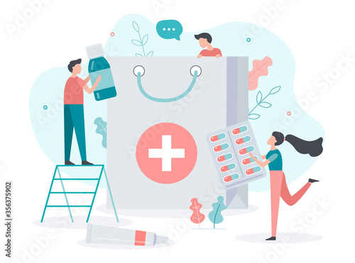Online pharmacy. Order and delivery of medicines to your home. Pharmacists get the drugs in the package. Medical concept. Flat vector illustration.
