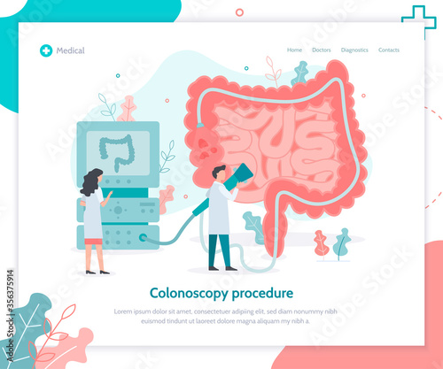 A doctor performs colonoscopy, diagnostics of the intestine. Landing design template. Medical flat vector illustration.
