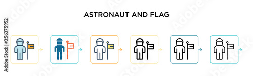 Astronaut and flag vector icon in 6 different modern styles. Black, two colored astronaut and flag icons designed in filled, outline, line and stroke style. Vector illustration can be used for web,