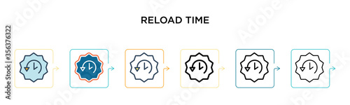 Reload time vector icon in 6 different modern styles. Black, two colored reload time icons designed in filled, outline, line and stroke style. Vector illustration can be used for web, mobile, ui