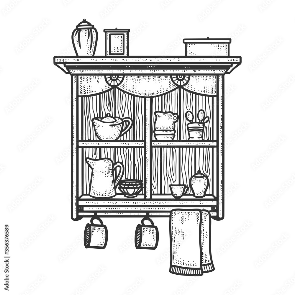 cupboard with utensils sketch engraving vector illustration. T-shirt apparel print design. Scratch board imitation. Black and white hand drawn image.