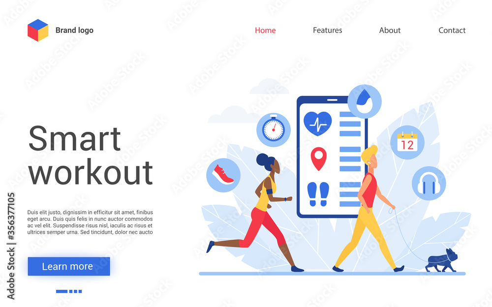 Sport training app for people vector illustration. Cartoon flat tiny sportsman character do sport exercises, run, walk with dog, use virtual trainer application. Smart workout website interface design